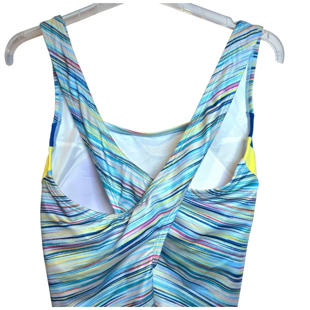Lands End One Piece Swimsuit X-Back Plus Sz 18 W Colorblock Blue‎ Yellow Modest